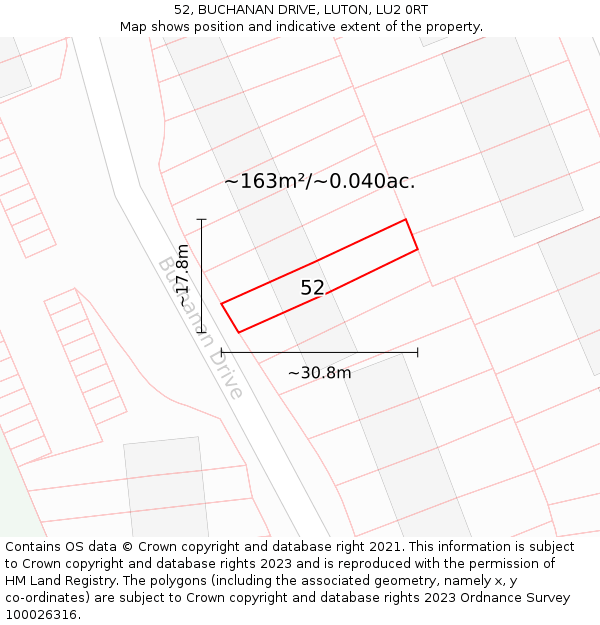 52, BUCHANAN DRIVE, LUTON, LU2 0RT: Plot and title map