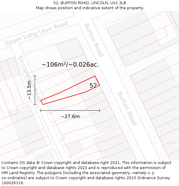 52, BURTON ROAD, LINCOLN, LN1 3LB: Plot and title map