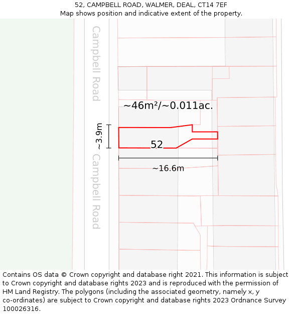 52, CAMPBELL ROAD, WALMER, DEAL, CT14 7EF: Plot and title map