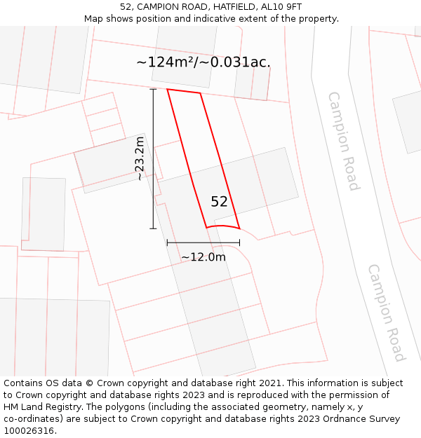 52, CAMPION ROAD, HATFIELD, AL10 9FT: Plot and title map