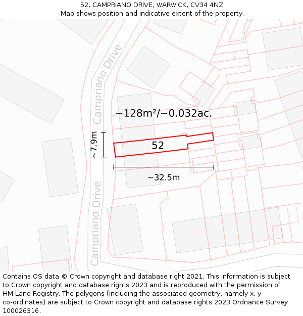 52, CAMPRIANO DRIVE, WARWICK, CV34 4NZ: Plot and title map