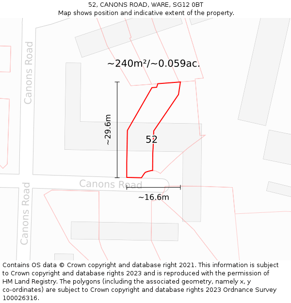 52, CANONS ROAD, WARE, SG12 0BT: Plot and title map