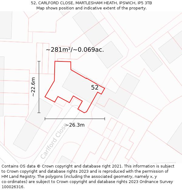 52, CARLFORD CLOSE, MARTLESHAM HEATH, IPSWICH, IP5 3TB: Plot and title map