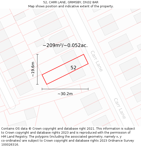 52, CARR LANE, GRIMSBY, DN32 8AR: Plot and title map