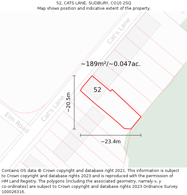 52, CATS LANE, SUDBURY, CO10 2SQ: Plot and title map