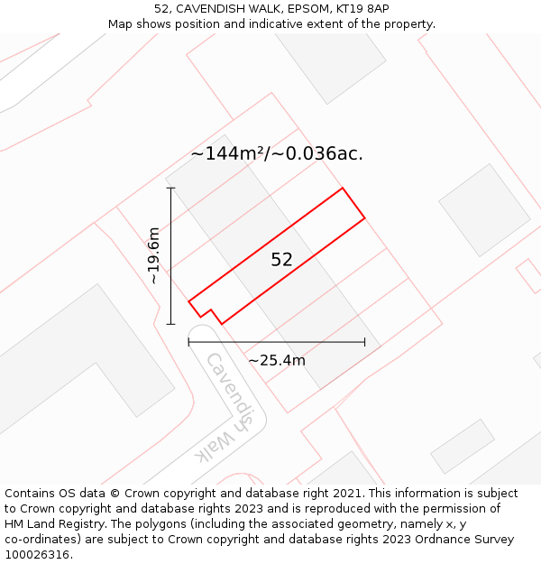 52, CAVENDISH WALK, EPSOM, KT19 8AP: Plot and title map