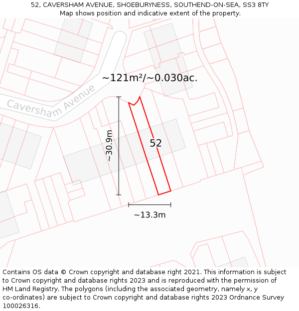 52, CAVERSHAM AVENUE, SHOEBURYNESS, SOUTHEND-ON-SEA, SS3 8TY: Plot and title map