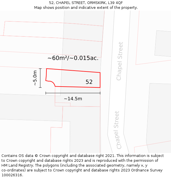 52, CHAPEL STREET, ORMSKIRK, L39 4QF: Plot and title map