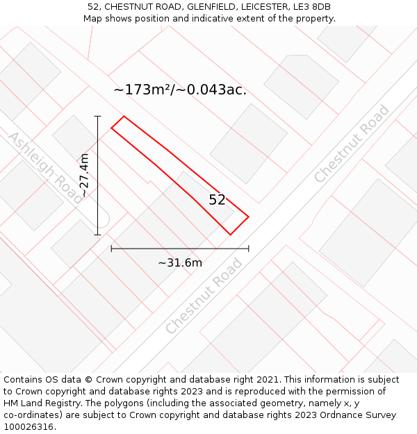 52, CHESTNUT ROAD, GLENFIELD, LEICESTER, LE3 8DB: Plot and title map