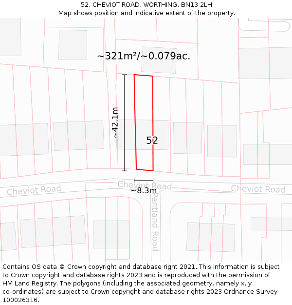 52, CHEVIOT ROAD, WORTHING, BN13 2LH: Plot and title map
