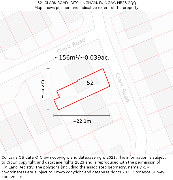 52, CLARK ROAD, DITCHINGHAM, BUNGAY, NR35 2QQ: Plot and title map