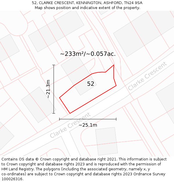 52, CLARKE CRESCENT, KENNINGTON, ASHFORD, TN24 9SA: Plot and title map