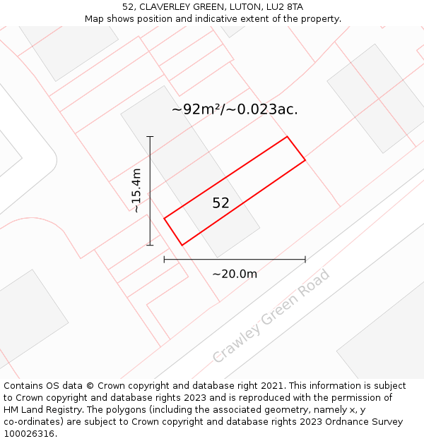 52, CLAVERLEY GREEN, LUTON, LU2 8TA: Plot and title map