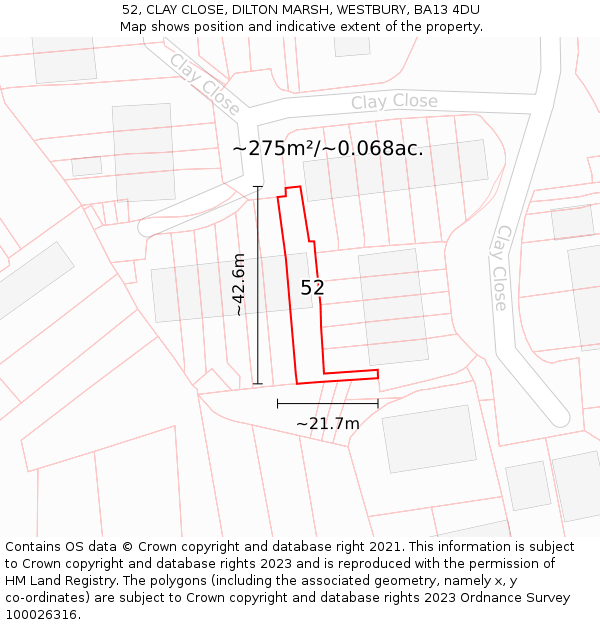 52, CLAY CLOSE, DILTON MARSH, WESTBURY, BA13 4DU: Plot and title map
