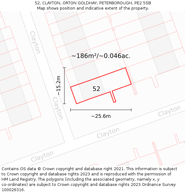 52, CLAYTON, ORTON GOLDHAY, PETERBOROUGH, PE2 5SB: Plot and title map