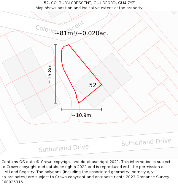 52, COLBURN CRESCENT, GUILDFORD, GU4 7YZ: Plot and title map