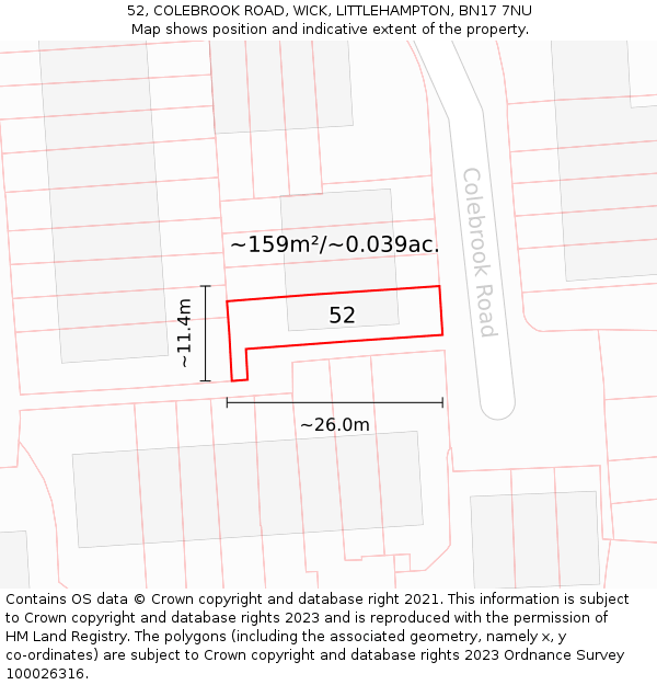 52, COLEBROOK ROAD, WICK, LITTLEHAMPTON, BN17 7NU: Plot and title map