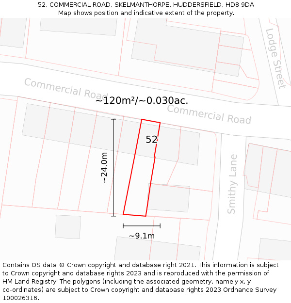 52, COMMERCIAL ROAD, SKELMANTHORPE, HUDDERSFIELD, HD8 9DA: Plot and title map