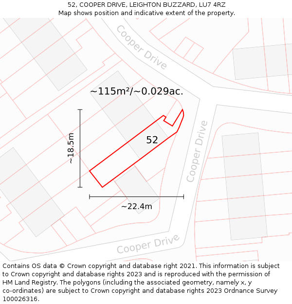 52, COOPER DRIVE, LEIGHTON BUZZARD, LU7 4RZ: Plot and title map