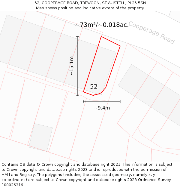 52, COOPERAGE ROAD, TREWOON, ST AUSTELL, PL25 5SN: Plot and title map