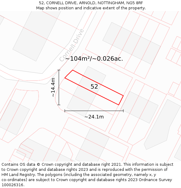 52, CORNELL DRIVE, ARNOLD, NOTTINGHAM, NG5 8RF: Plot and title map