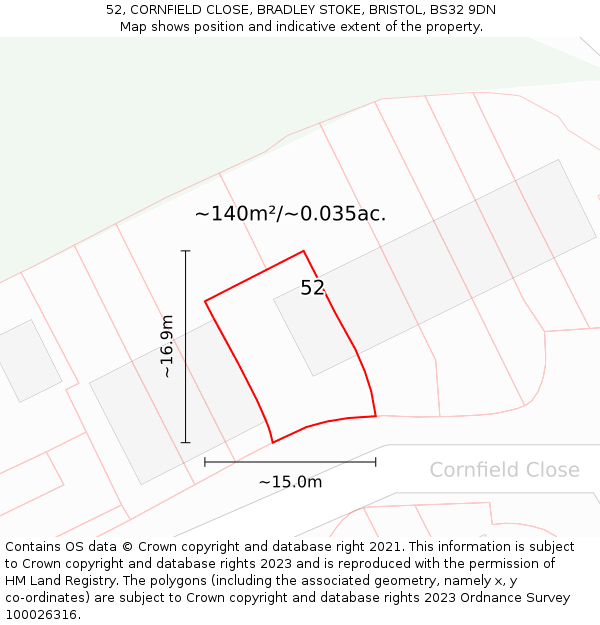 52, CORNFIELD CLOSE, BRADLEY STOKE, BRISTOL, BS32 9DN: Plot and title map