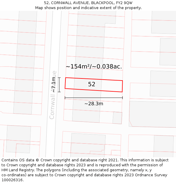 52, CORNWALL AVENUE, BLACKPOOL, FY2 9QW: Plot and title map