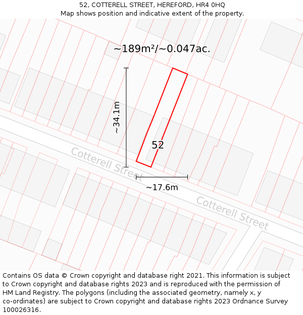 52, COTTERELL STREET, HEREFORD, HR4 0HQ: Plot and title map