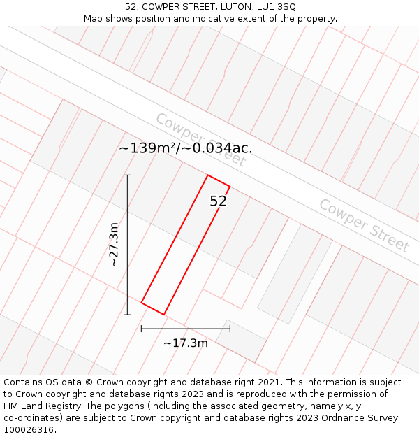 52, COWPER STREET, LUTON, LU1 3SQ: Plot and title map