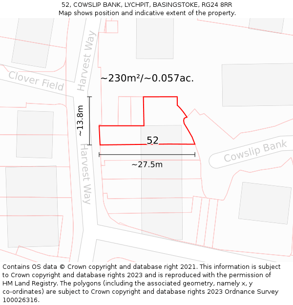 52, COWSLIP BANK, LYCHPIT, BASINGSTOKE, RG24 8RR: Plot and title map