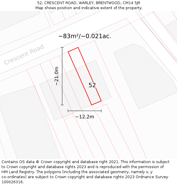 52, CRESCENT ROAD, WARLEY, BRENTWOOD, CM14 5JR: Plot and title map