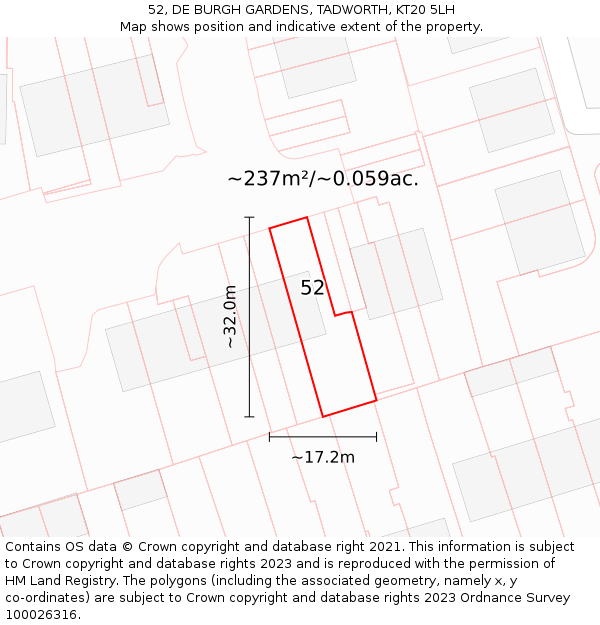 52, DE BURGH GARDENS, TADWORTH, KT20 5LH: Plot and title map