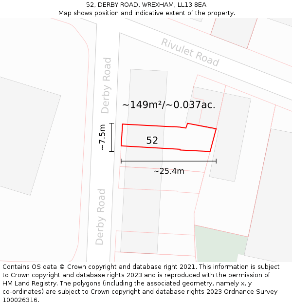 52, DERBY ROAD, WREXHAM, LL13 8EA: Plot and title map