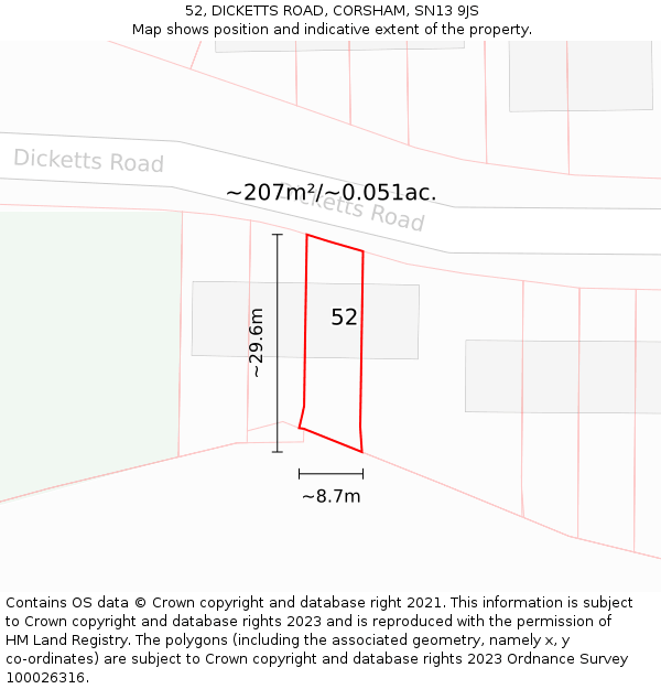 52, DICKETTS ROAD, CORSHAM, SN13 9JS: Plot and title map
