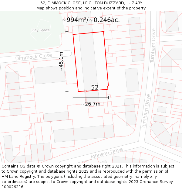 52, DIMMOCK CLOSE, LEIGHTON BUZZARD, LU7 4RY: Plot and title map