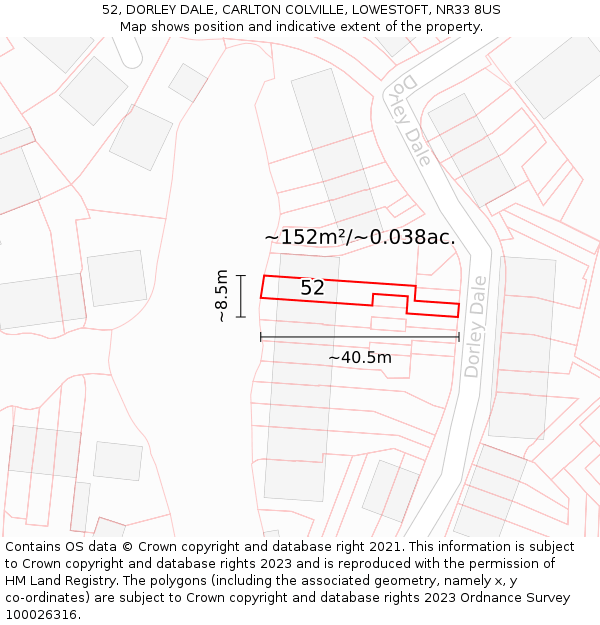 52, DORLEY DALE, CARLTON COLVILLE, LOWESTOFT, NR33 8US: Plot and title map