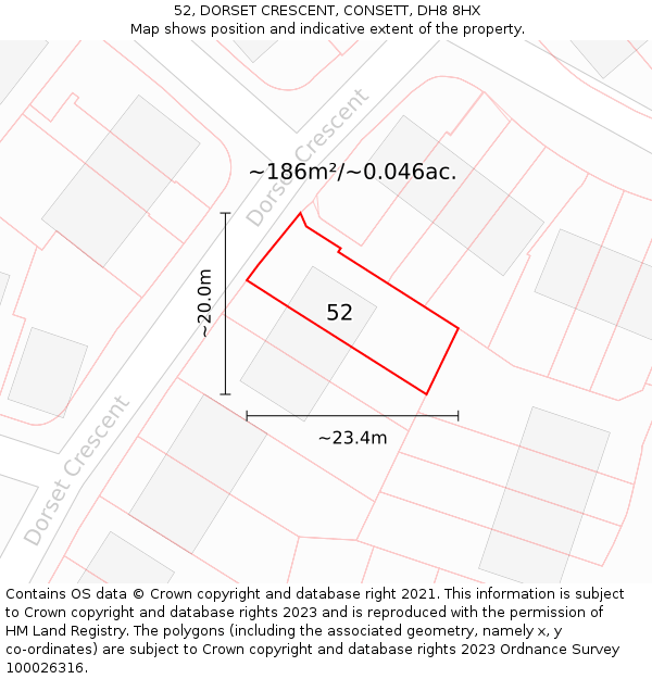 52, DORSET CRESCENT, CONSETT, DH8 8HX: Plot and title map