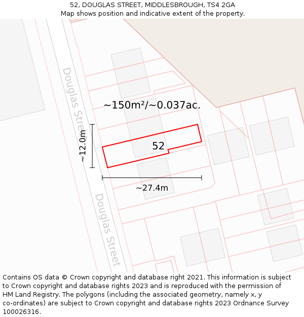 52, DOUGLAS STREET, MIDDLESBROUGH, TS4 2GA: Plot and title map