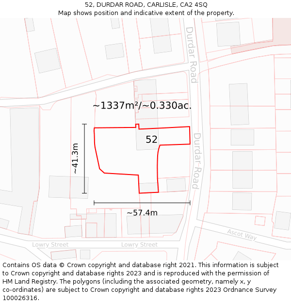 52, DURDAR ROAD, CARLISLE, CA2 4SQ: Plot and title map