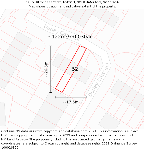 52, DURLEY CRESCENT, TOTTON, SOUTHAMPTON, SO40 7QA: Plot and title map