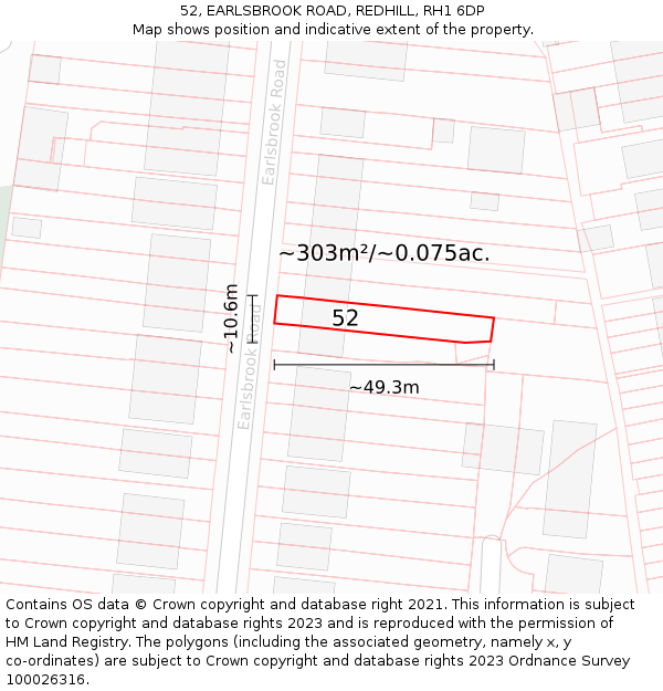52, EARLSBROOK ROAD, REDHILL, RH1 6DP: Plot and title map