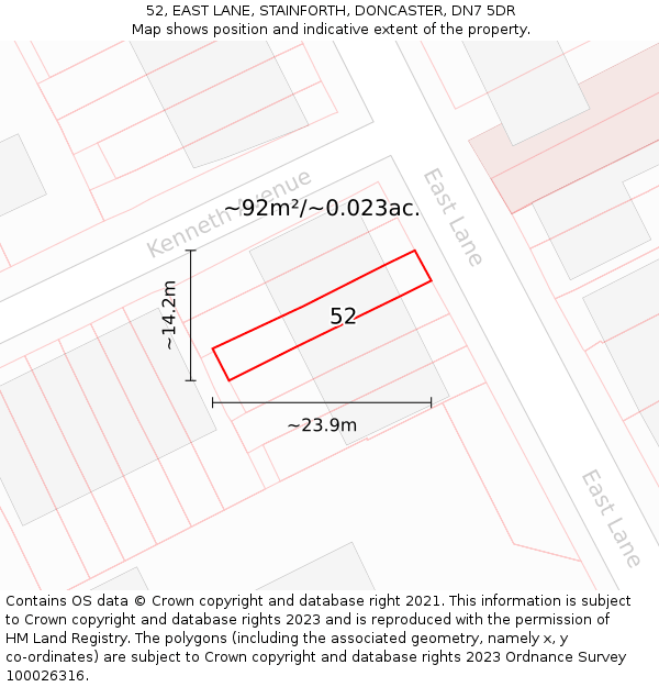 52, EAST LANE, STAINFORTH, DONCASTER, DN7 5DR: Plot and title map