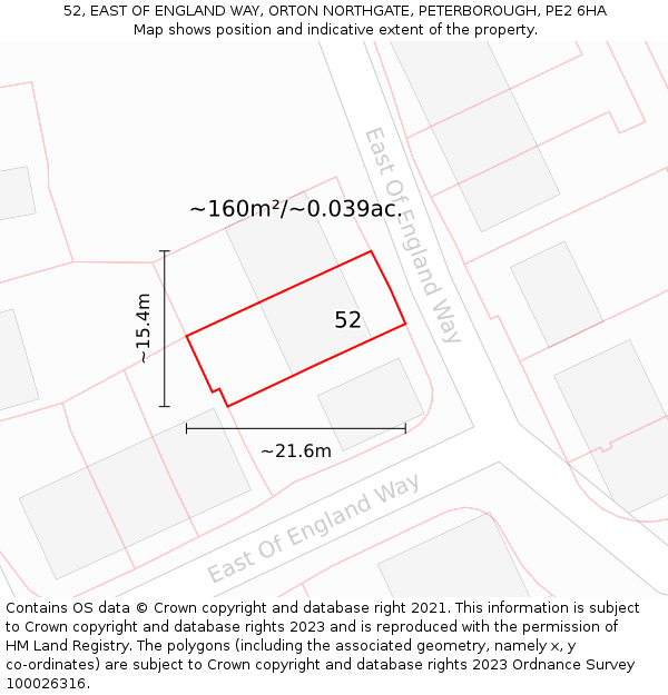 52, EAST OF ENGLAND WAY, ORTON NORTHGATE, PETERBOROUGH, PE2 6HA: Plot and title map