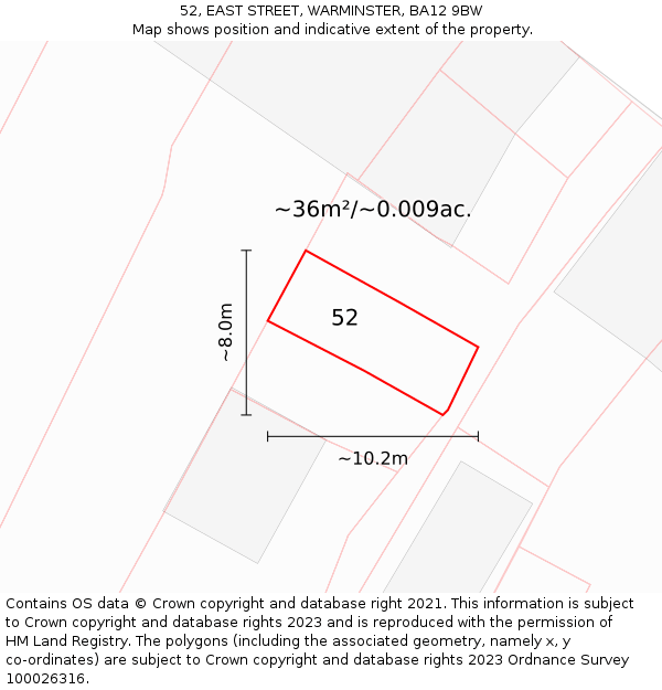 52, EAST STREET, WARMINSTER, BA12 9BW: Plot and title map