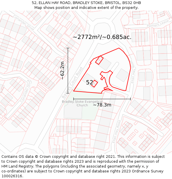 52, ELLAN HAY ROAD, BRADLEY STOKE, BRISTOL, BS32 0HB: Plot and title map