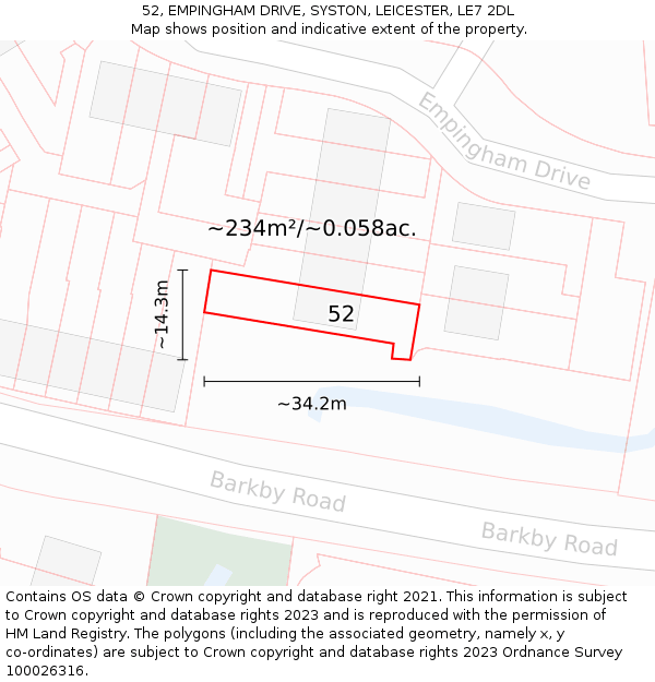 52, EMPINGHAM DRIVE, SYSTON, LEICESTER, LE7 2DL: Plot and title map