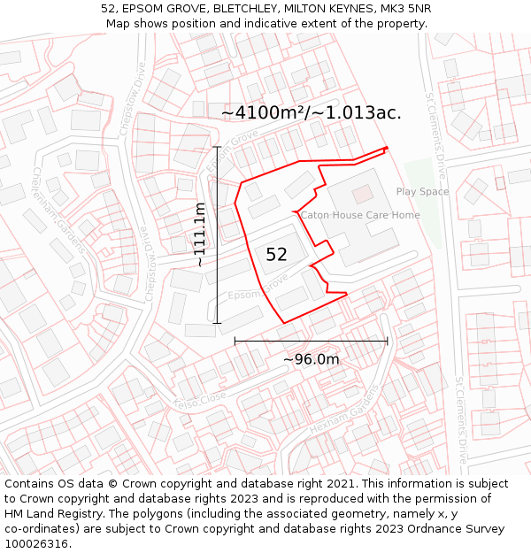 52, EPSOM GROVE, BLETCHLEY, MILTON KEYNES, MK3 5NR: Plot and title map