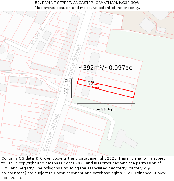 52, ERMINE STREET, ANCASTER, GRANTHAM, NG32 3QW: Plot and title map