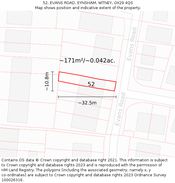 52, EVANS ROAD, EYNSHAM, WITNEY, OX29 4QS: Plot and title map