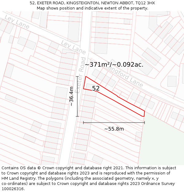 52, EXETER ROAD, KINGSTEIGNTON, NEWTON ABBOT, TQ12 3HX: Plot and title map